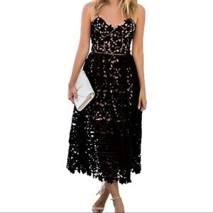 AQUA Black Illusion Crochet Lace Corset Bodice Midi Party Dress M